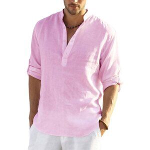 Men's Pink Cotton Linen Henley Hippies Casual Beach Long Sleeve T-shirt